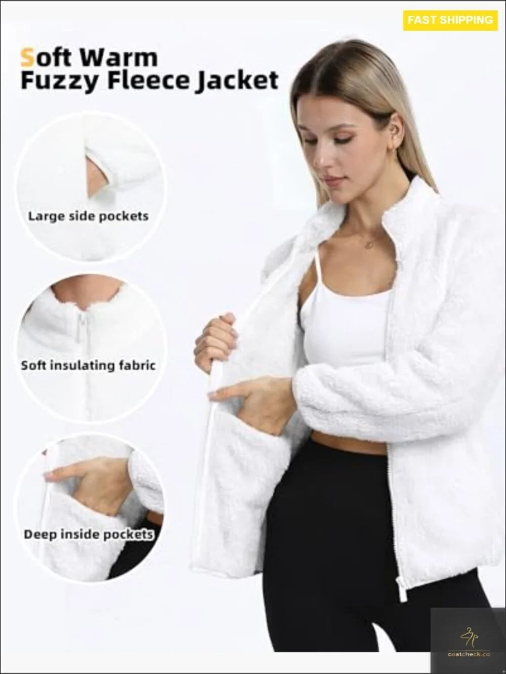 Fuzzy Fleece Jacket with 4 Pockets Full Zip Lightweight Warm Summer